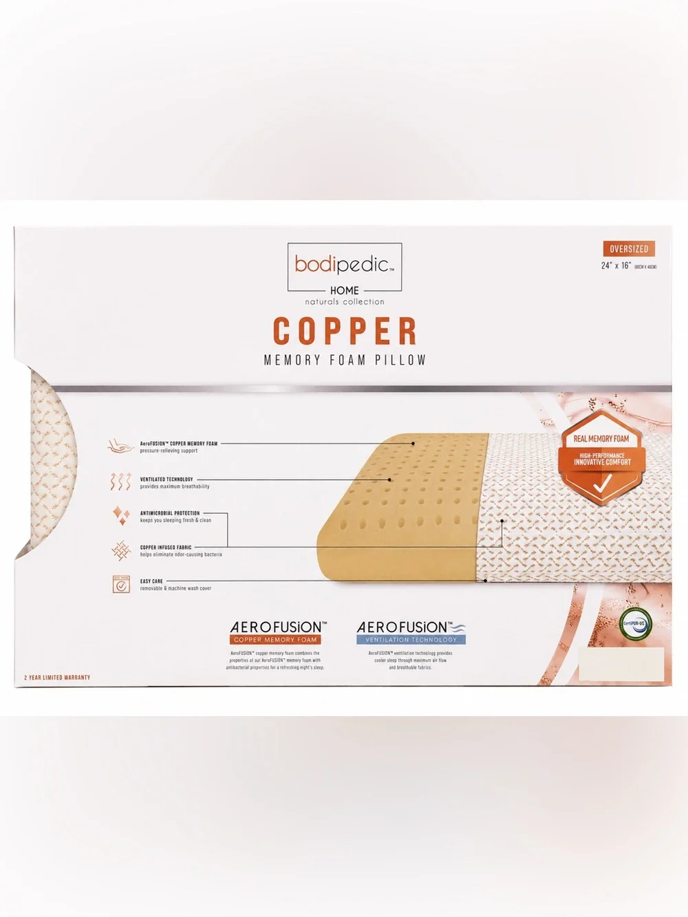 BodiPedic Copper Memory Foam Pillow 24x16 Oversized Cooling